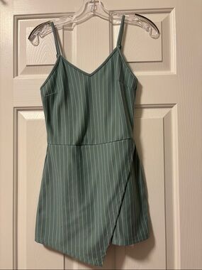 Striped Sage Green Spaghetti-Strap Romper